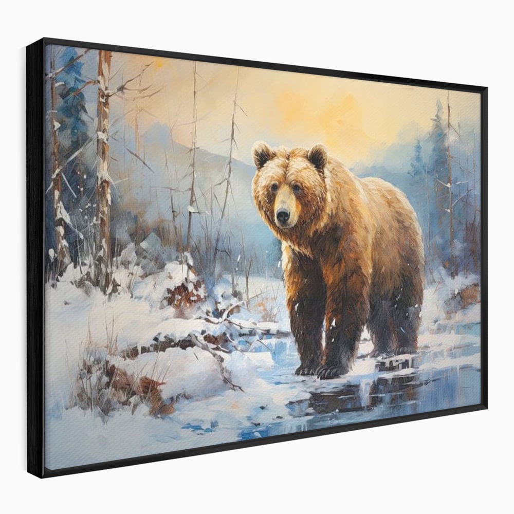 Tablou canvas cu tablou canvas cu urs brun in zapada, in rama de aluminiu negru